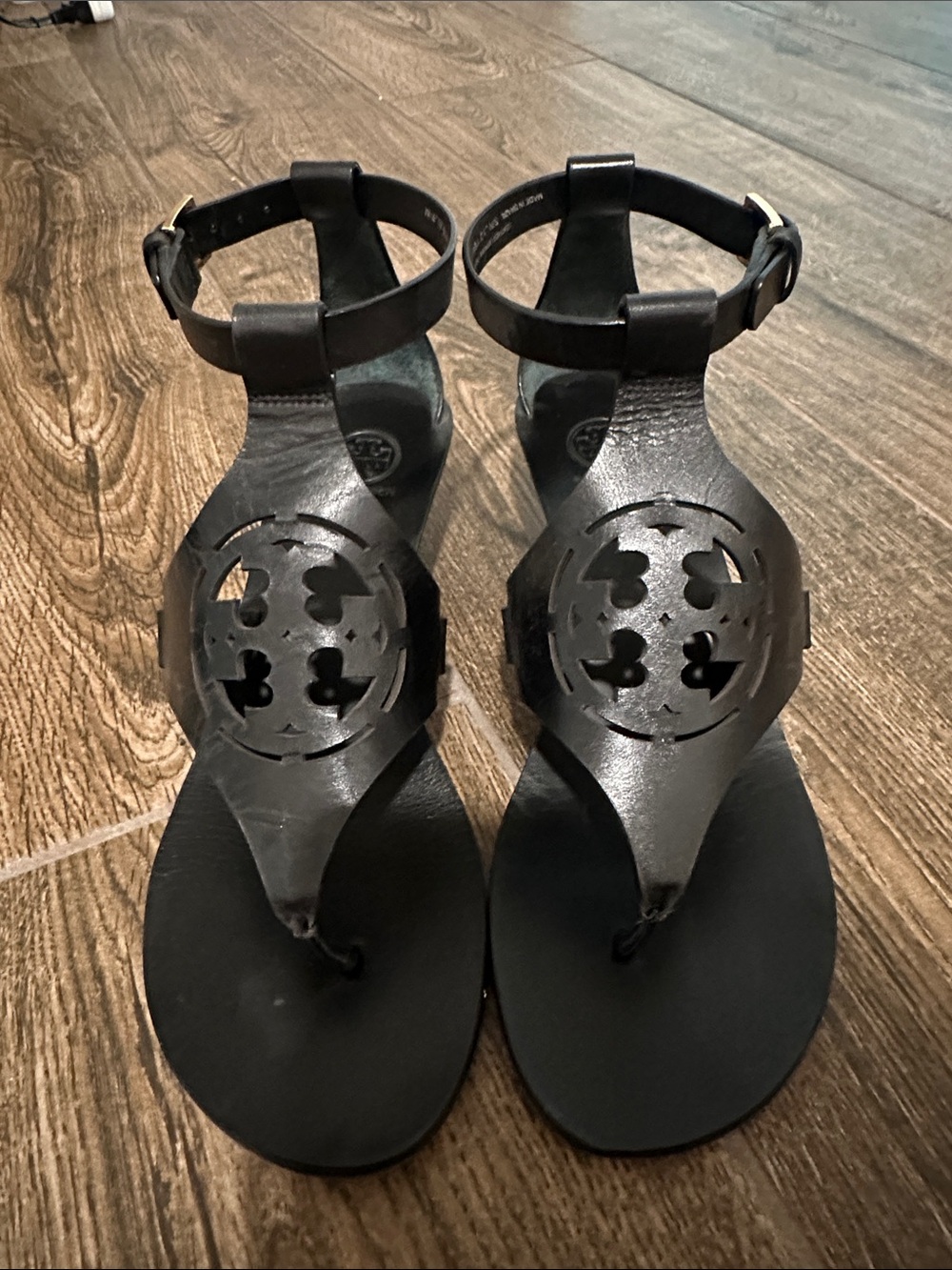 Tory Burch Black Leather Wedge Sandals with Signature Cutout Medallion